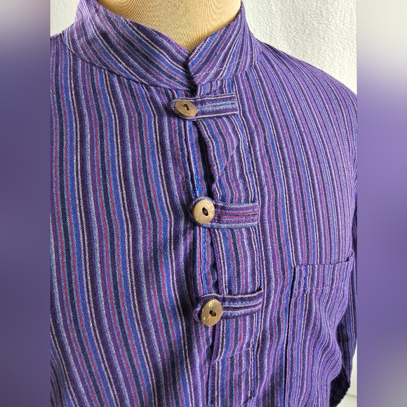 XL Cotton Grandad Shirt Purple Striped - Picture 2 of 7